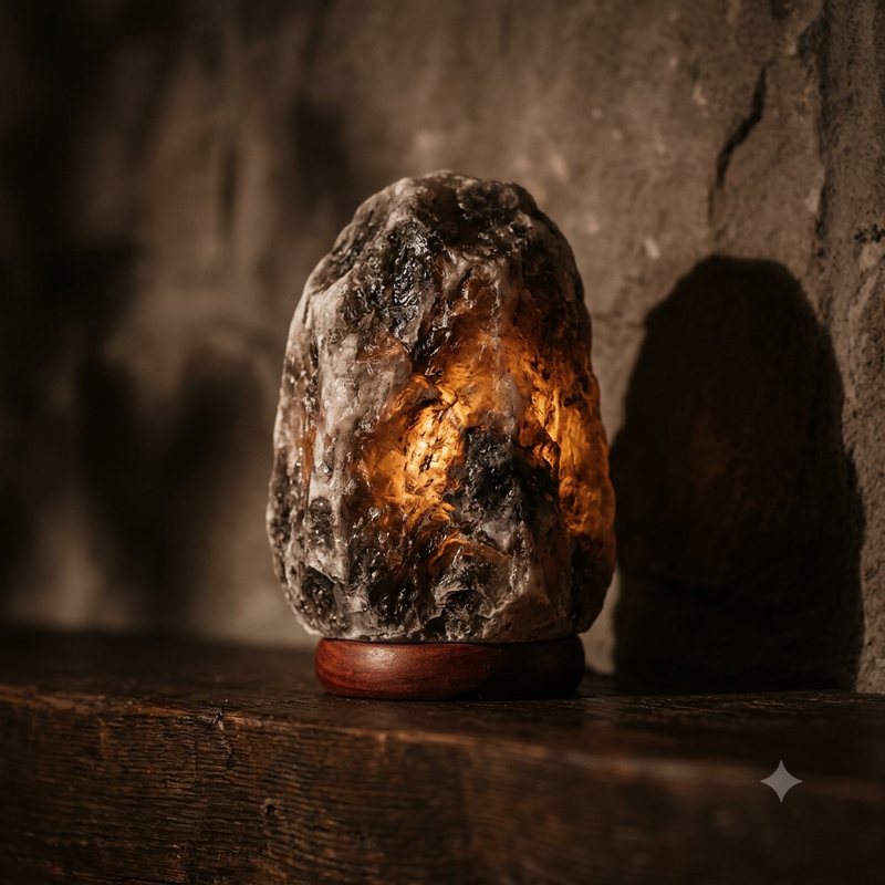 Grey Himalayan salt lamp glowing warmly on a wooden shelf against a stone wall backdrop
