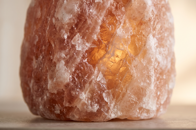 Close-up detail of a backlit Himalayan salt lamp surface showing translucent pink and white mineral banding and the rough natural crystalline texture of the salt