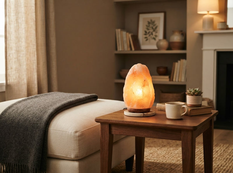 A Himalayan salt lamp placed on a wooden side table at a safe distance from curtains and soft furnishings in a cozy living room