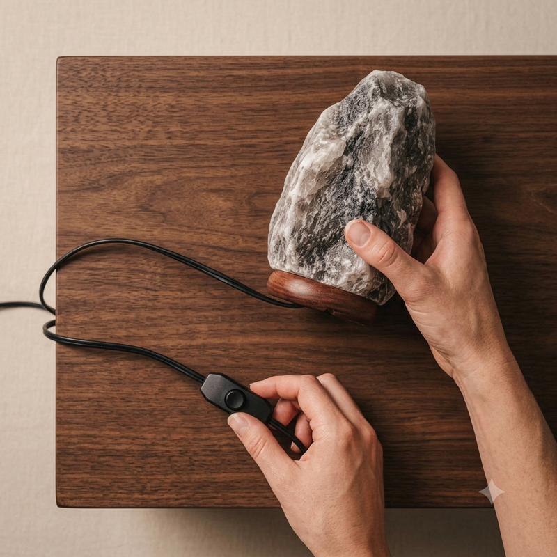 Hands placing a grey Himalayan salt lamp on a wooden table beside its inline dimmer switch cord