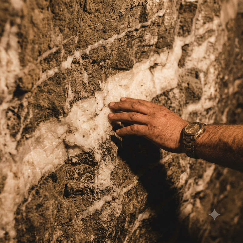 Close-up of a hand touching a rough salt rock wall with natural white mineral veining