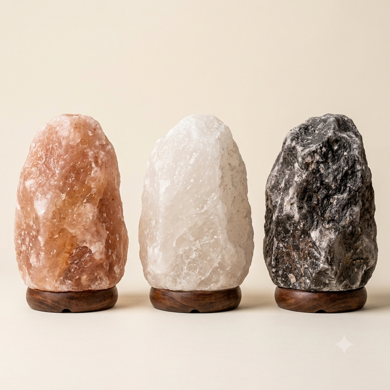 Pink, white, and grey Himalayan salt lamps shown side by side on wooden bases for color comparison