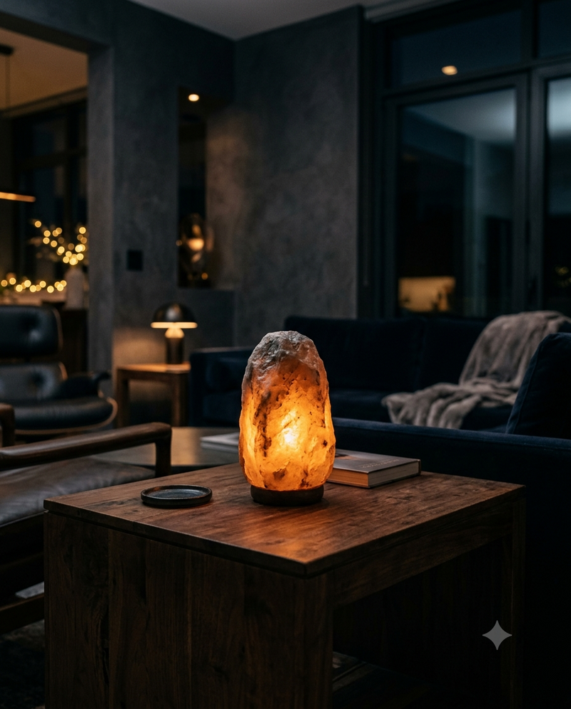 Grey Himalayan salt lamp glowing warmly on a wooden coffee table in a modern dark living room