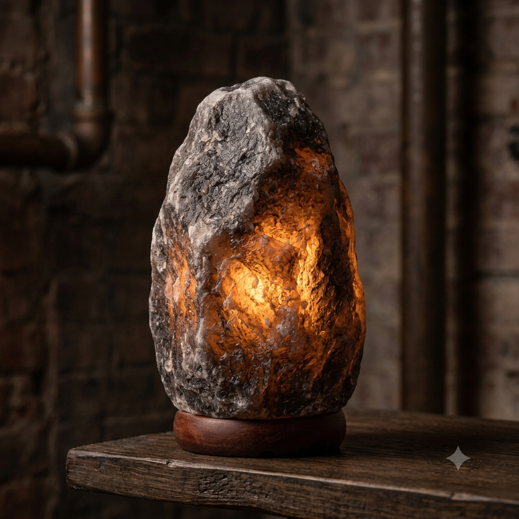 Grey Himalayan salt lamp glowing on a wooden table against an industrial brick wall
