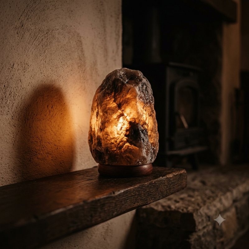 Grey Himalayan salt lamp glowing on a rustic wooden mantel shelf near a fireplace