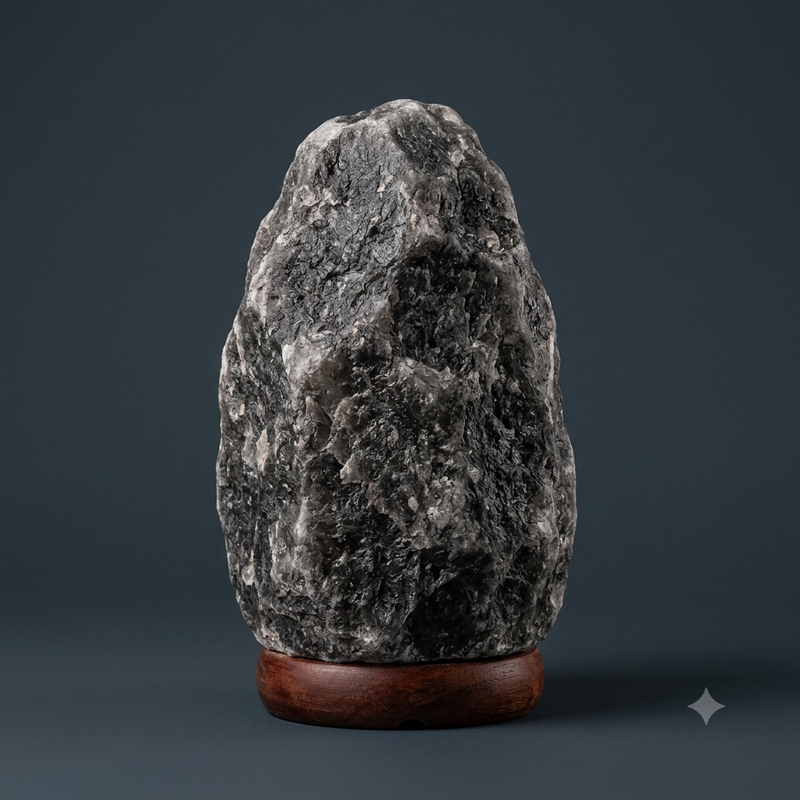 Unlit grey Himalayan salt lamp on a wooden base against a plain dark background