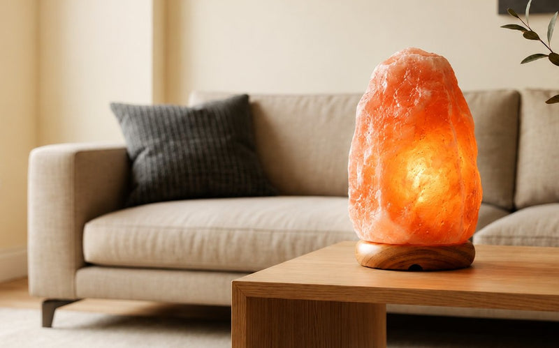 Pink Himalayan salt lamp glowing on a wooden coffee table beside a beige sofa