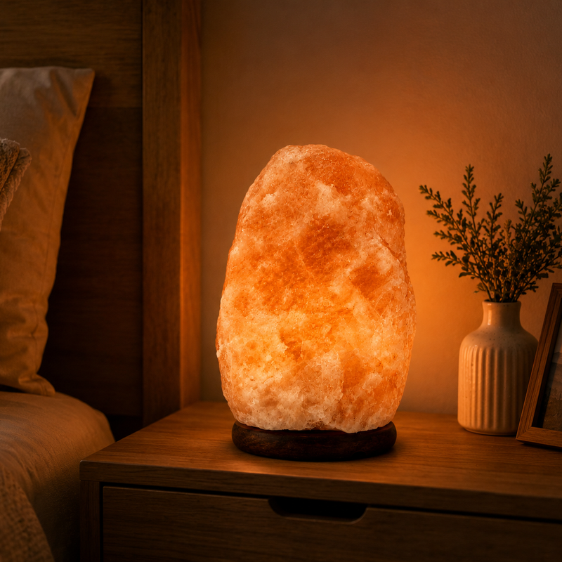 Warm glowing Himalayan pink salt lamp styled on a bedside table
