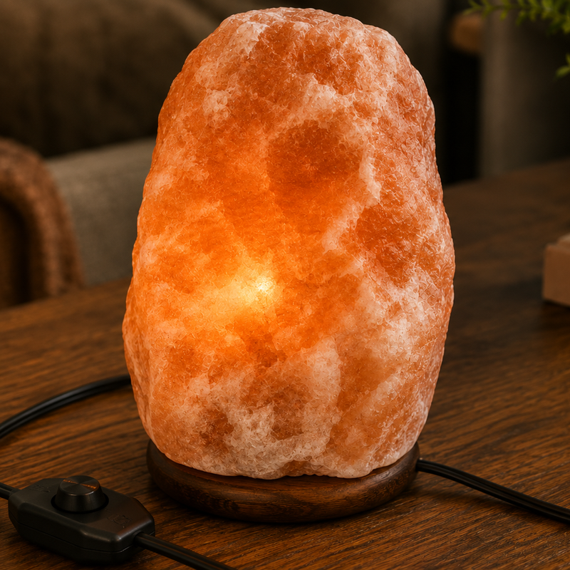 Natural Himalayan pink salt lamp lifestyle display with warm ambient glow