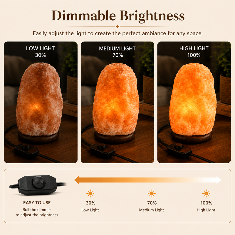 Himalayan pink salt lamp shown at different dimmer brightness levels
