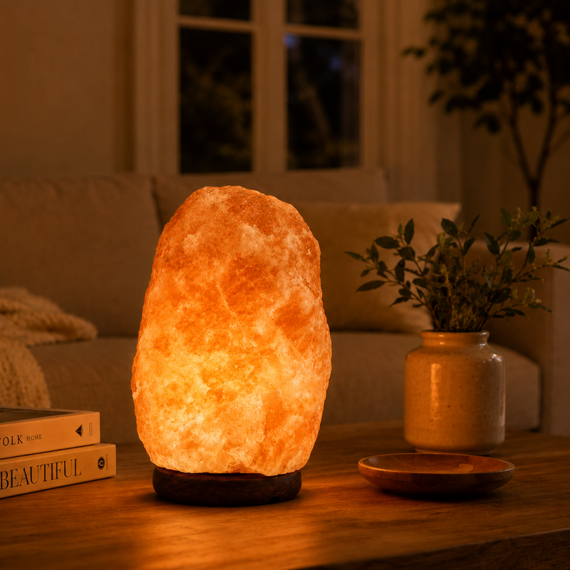 Natural Himalayan pink salt lamp glowing in a cozy living room setting
