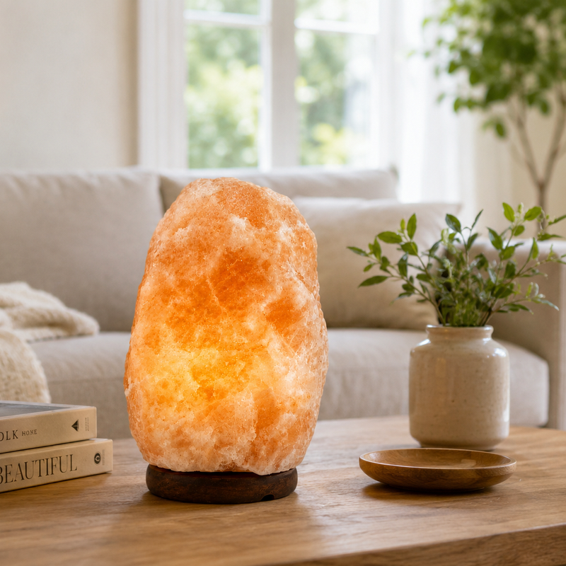 Pink Himalayan salt lamp glowing beside a window in a bright living space