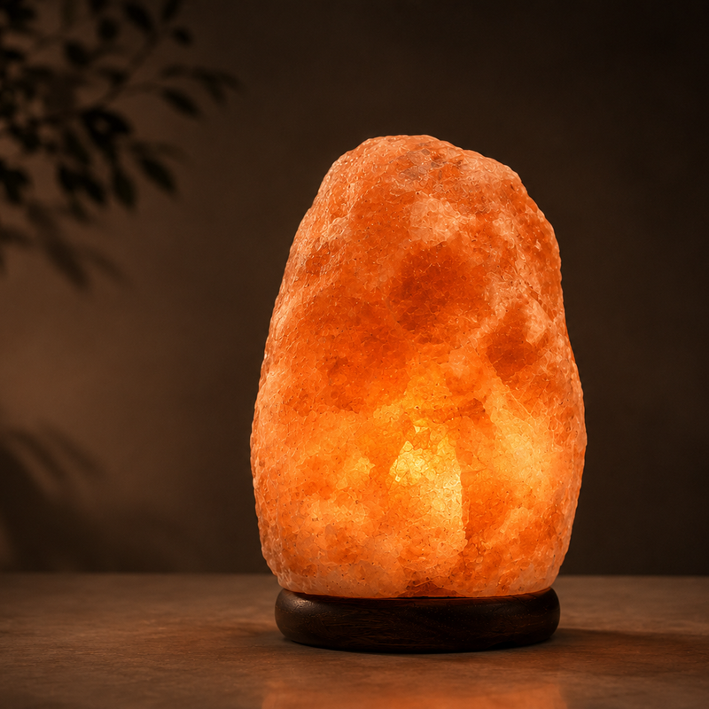 Glowing natural Himalayan pink salt lamp in a warm dark interior