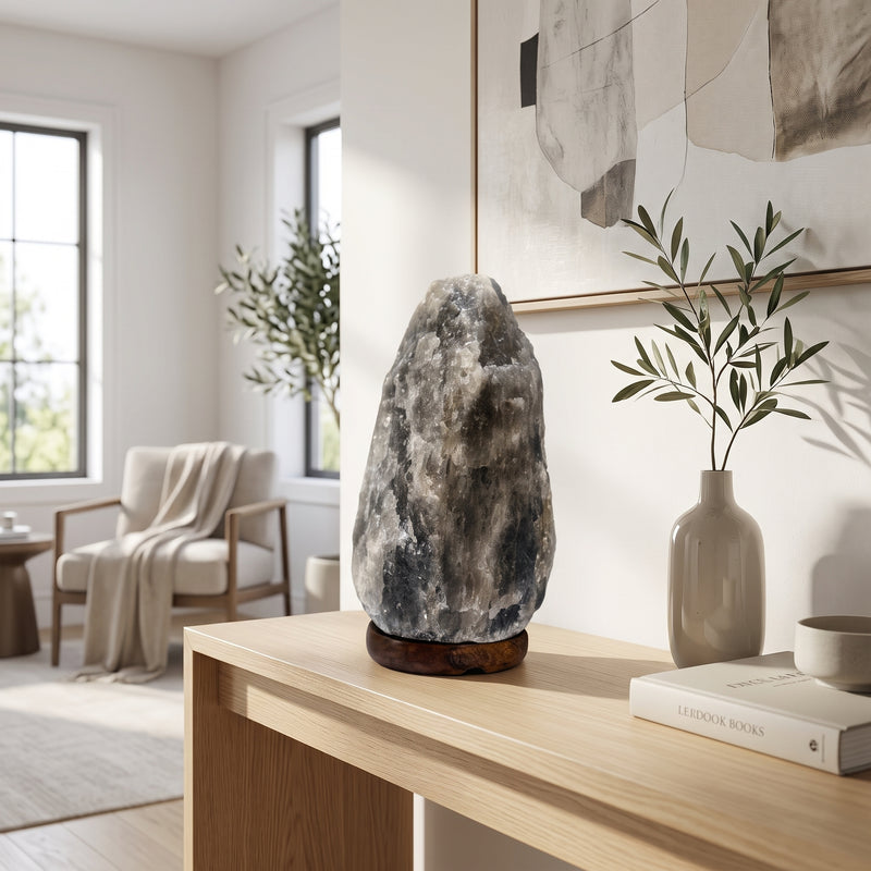 Rare Grey Himalayan salt lamp shown unlit in a bright modern living room