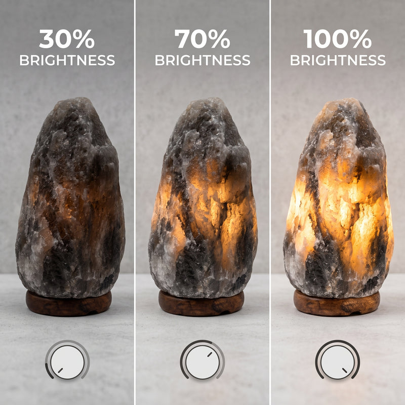 Rare Grey Himalayan salt lamp shown at three adjustable brightness levels