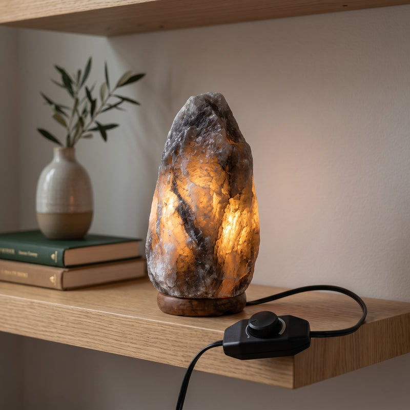 Rare Grey Himalayan salt lamp glowing with inline dimmer control shown beside the lamp