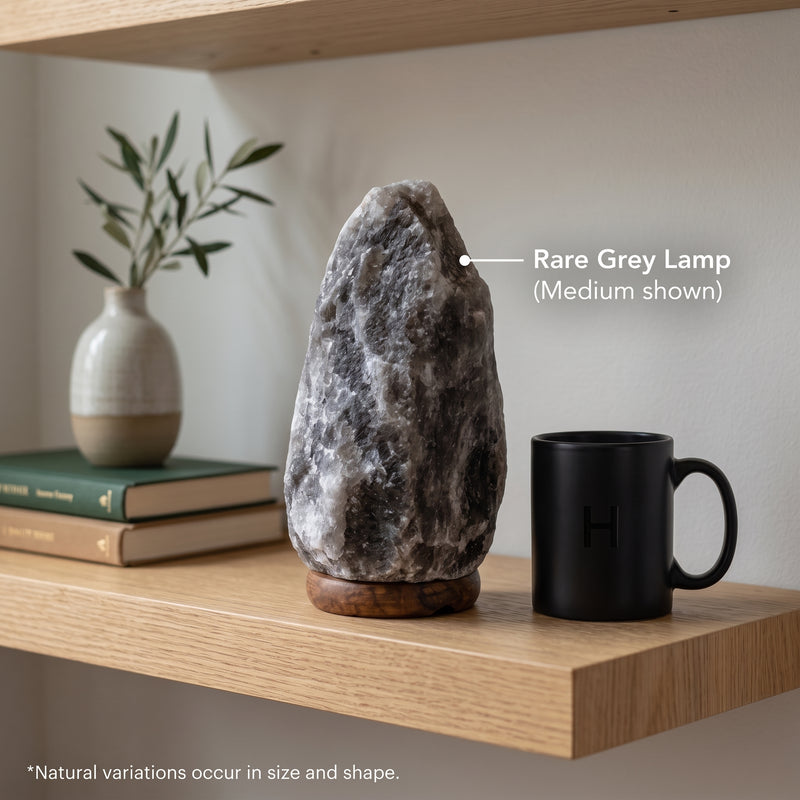 Medium Rare Grey Himalayan salt lamp shown beside a mug for approximate size reference