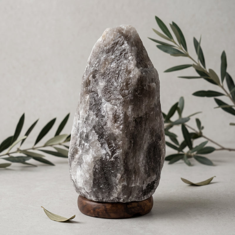Rare Grey Himalayan salt lamp unlit on a wooden surface with minimal botanical styling